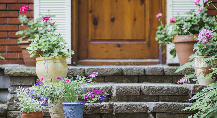 Potted plants with flowers on the steps of a house porch