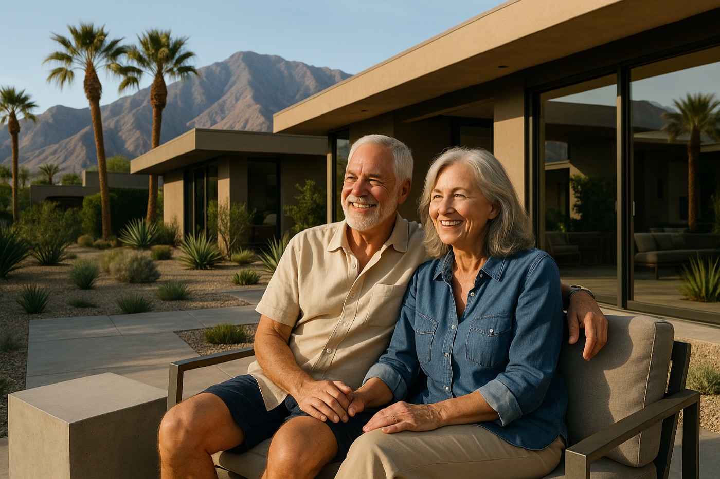 Retired couple on the patio of their Coachella Valley home with mountains behind them