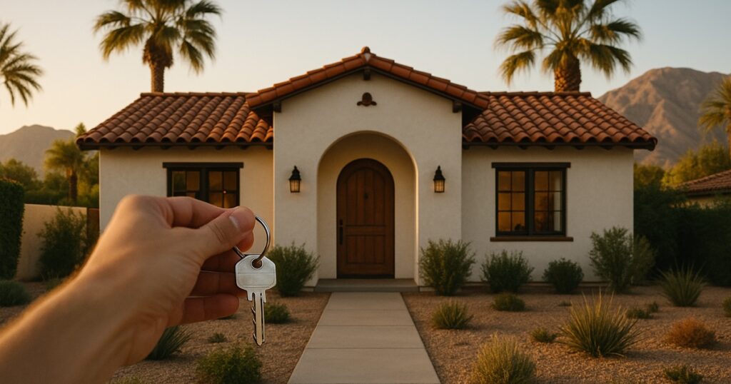 A hand holding house keys in front of a Spanish-style California home