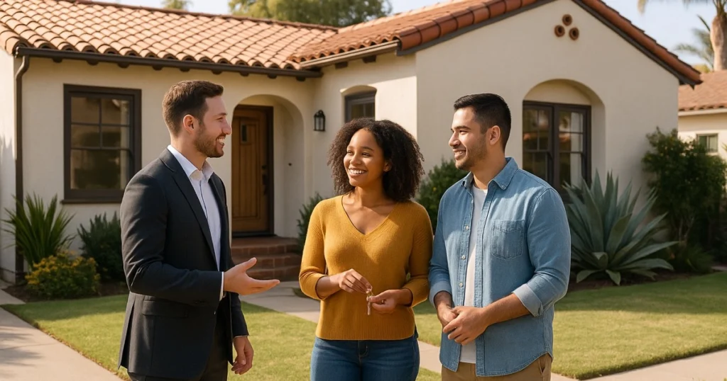 California homebuyers discussing an assumable mortgage with a real estate professional outside a home