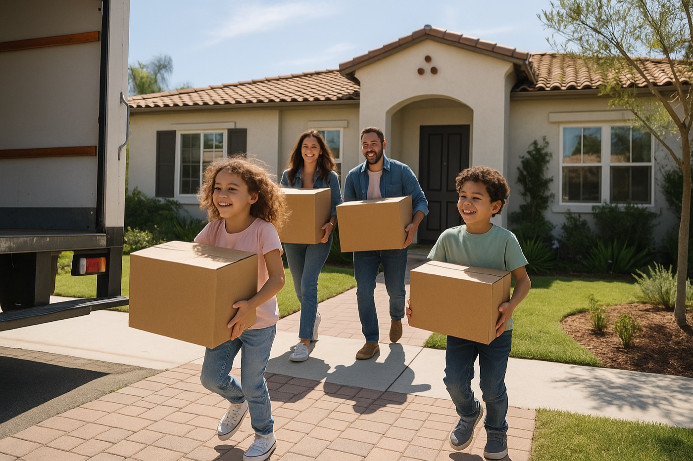 Family carrying moving boxes into their new Southern California home