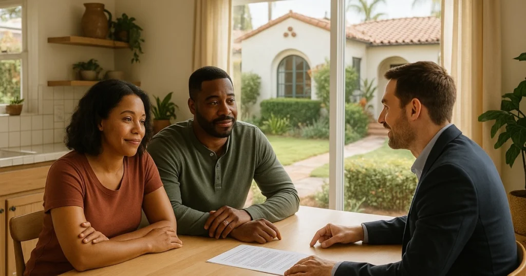 California homeowner discussing home equity options with a mortgage professional at home