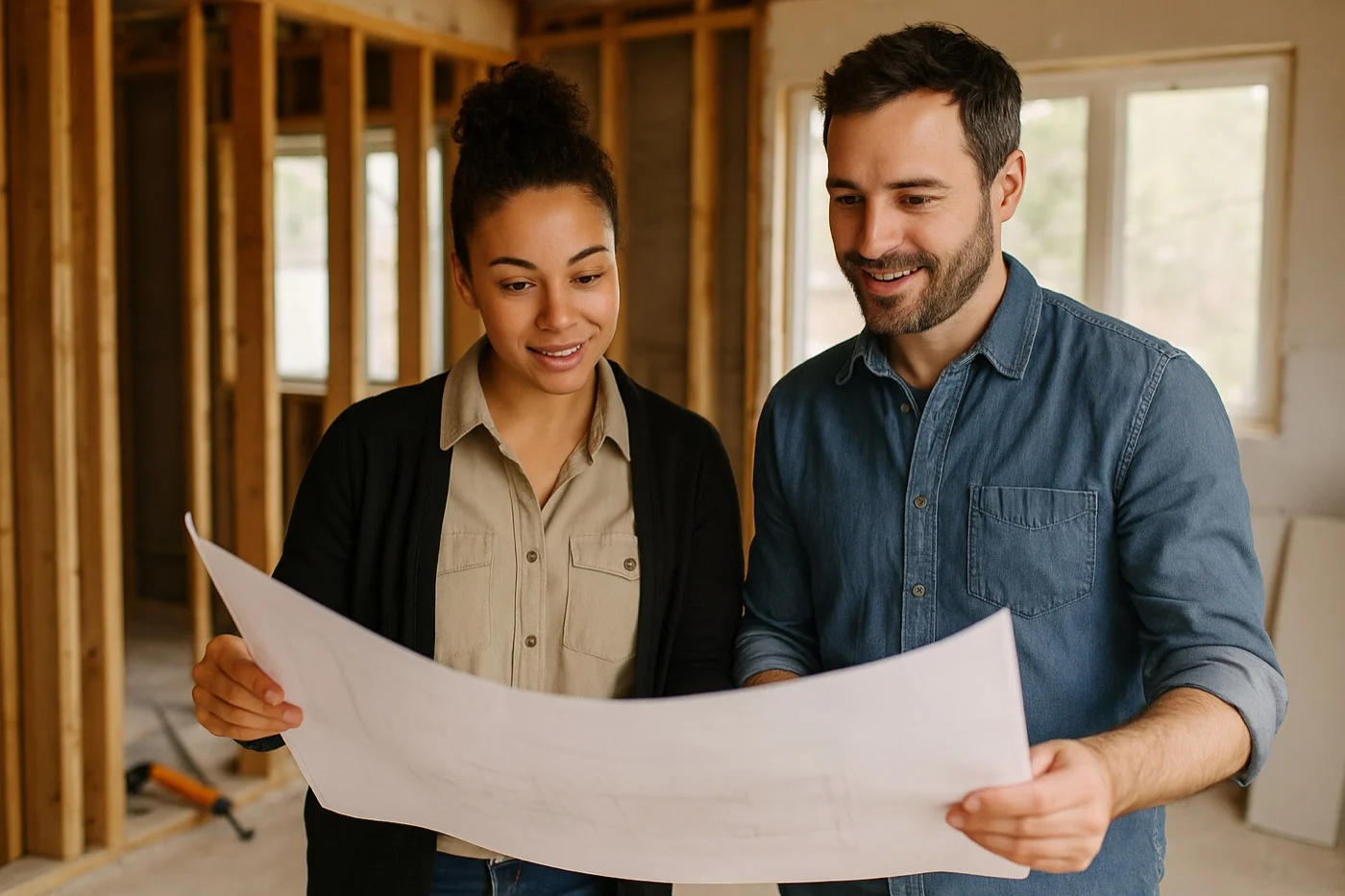 Two real estate investors reviewing plans inside a house under renovation