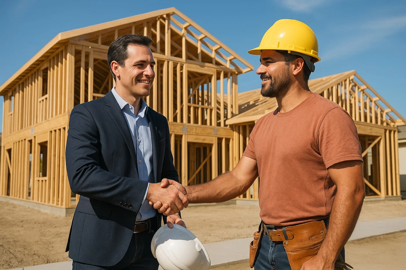 Real estate investor shaking hands with a builder at a Southern California construction site