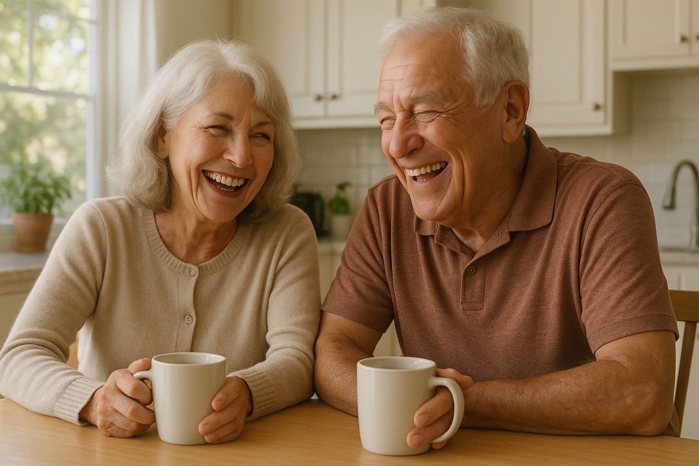 Senior couple laughing together at the kitchen table in their Southern California home