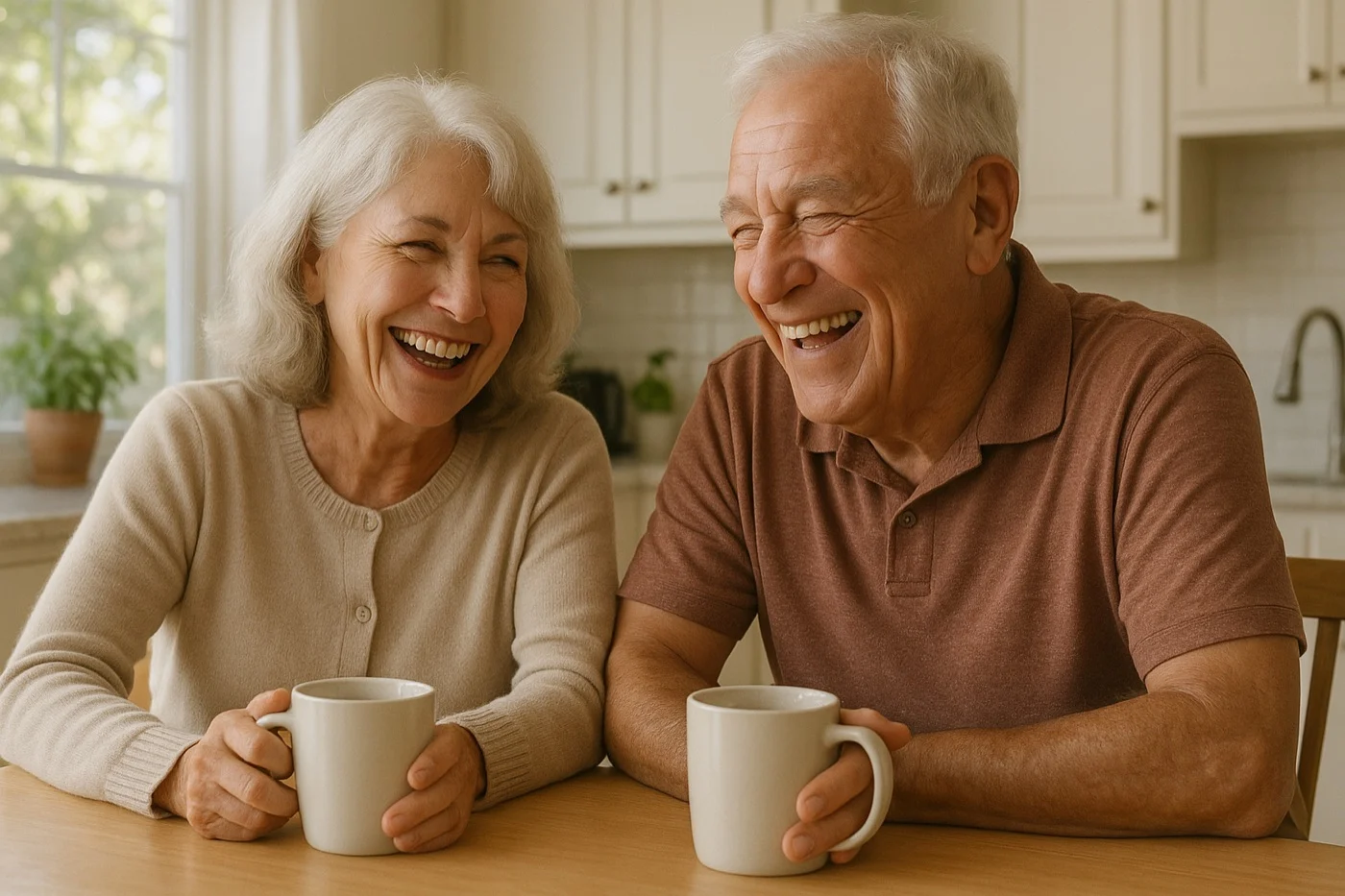 Senior couple laughing together at their kitchen table