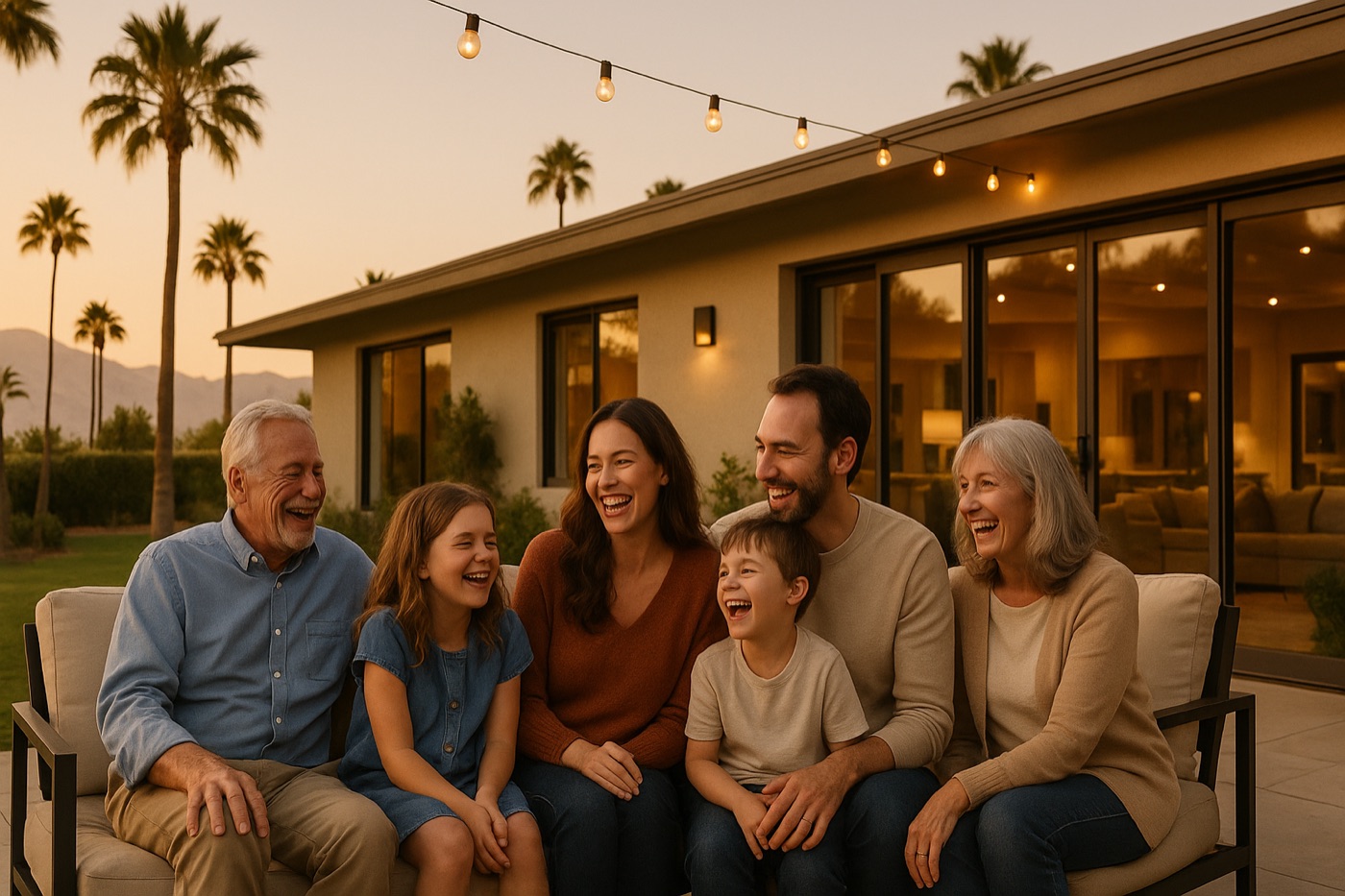 Three generations of a family relaxing on the patio of their Southern California home