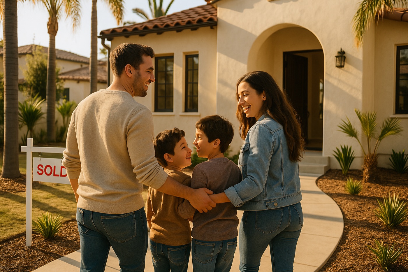 Family walking up to their newly purchased Southern California home