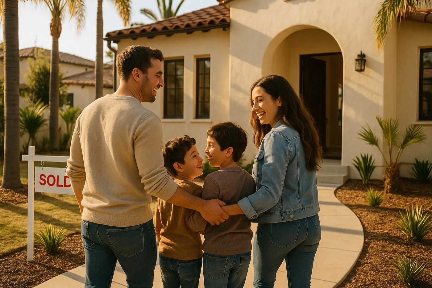 Family walking up to their newly purchased Southern California home