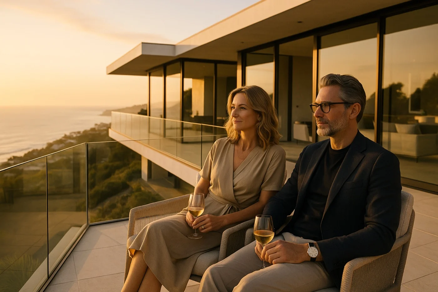Couple relaxing on the terrace of a luxury Southern California home with an ocean view