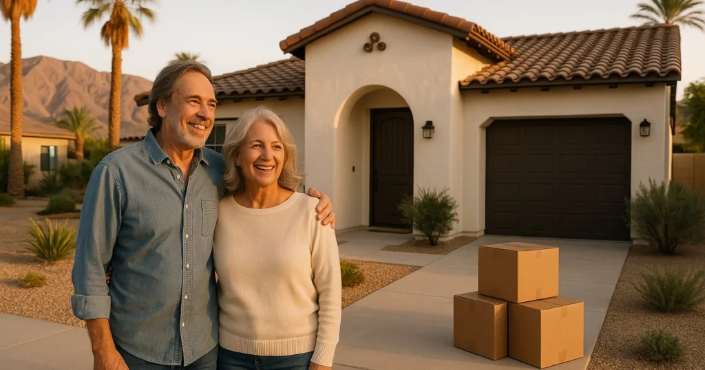 Couple in their sixties outside their new single-story California home