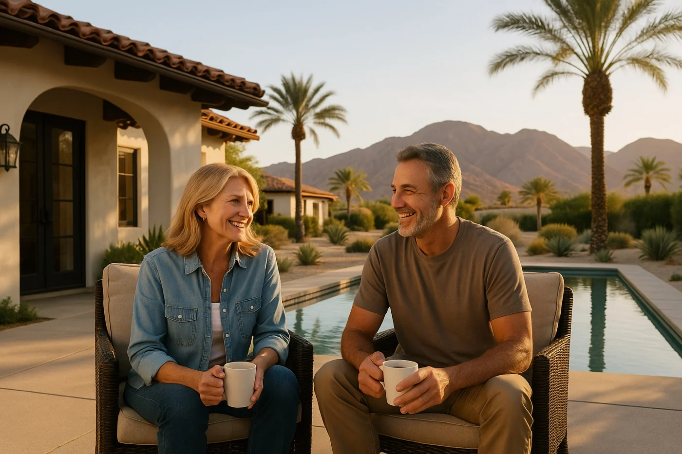 Couple in their late 50s talking over coffee on the patio of a Coachella Valley home