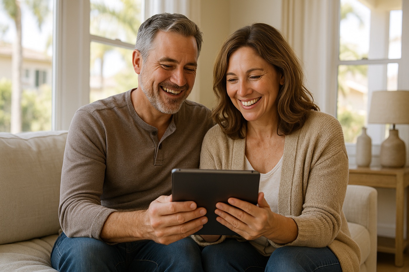 Homeowners reviewing their lower mortgage payment on a tablet