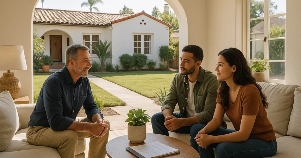 California homebuyers, seller, and real estate agent discussing a home purchase